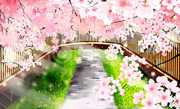 사람없음 PSD 일러스트 개울 다리(건축물) 벚꽃 봄 봄꽃 봄풍경 분홍색