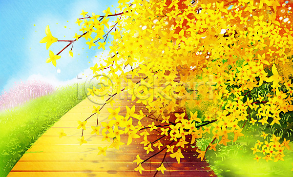 사람없음 PSD 일러스트 개나리 구름(자연) 노란색 봄 봄꽃 봄풍경 풀(식물) 하늘