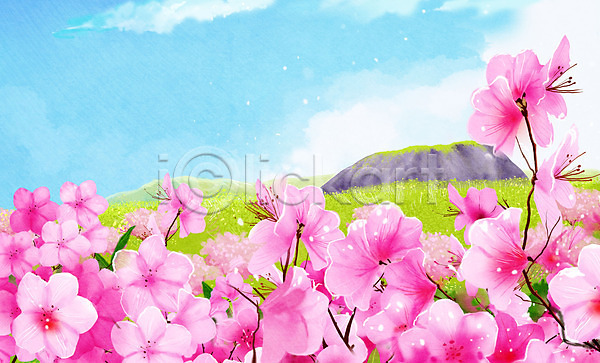 사람없음 PSD 일러스트 구름(자연) 봄 봄꽃 봄풍경 분홍색 제주도 진달래 하늘 한라산