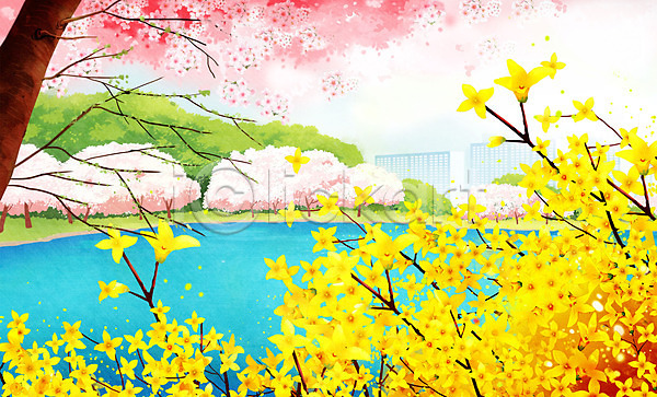 사람없음 PSD 일러스트 개나리 노란색 벚꽃 벚나무 봄 봄꽃 봄풍경 분홍색 호수공원