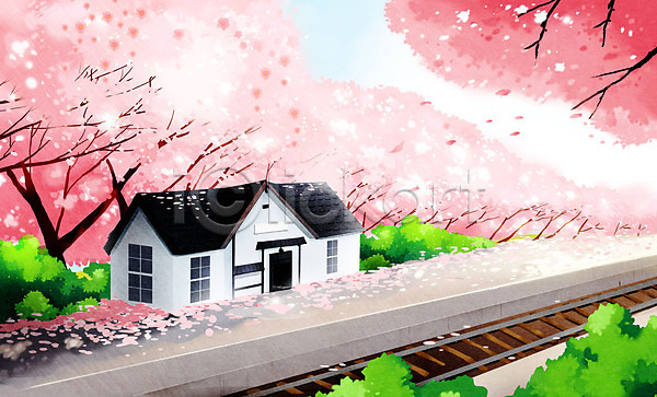 사람없음 PSD 일러스트 건물 기차역 벚꽃 벚나무 봄 봄꽃 봄풍경 선로