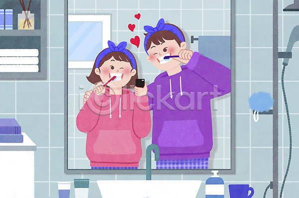 남자 두명 성인 성인만 여자 PSD 일러스트 거울 데이트 들기 머리띠 스마트폰 양치 어깨에손 윙크 집안 집콕 칫솔 커플 하늘색 하트 화장실