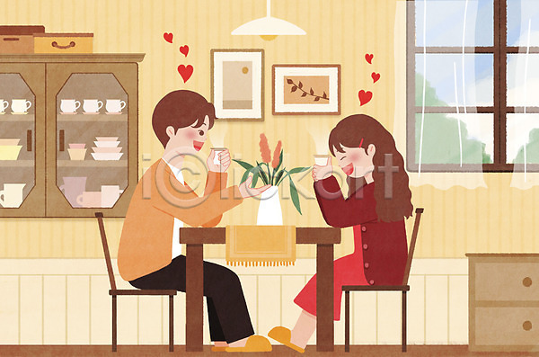 남자 두명 성인 성인만 여자 PSD 일러스트 노란색 대화 데이트 들기 마시기 수다 앉기 액자 집안 집콕 차(음료) 찬장 커플 컵 탁자 하트 화분