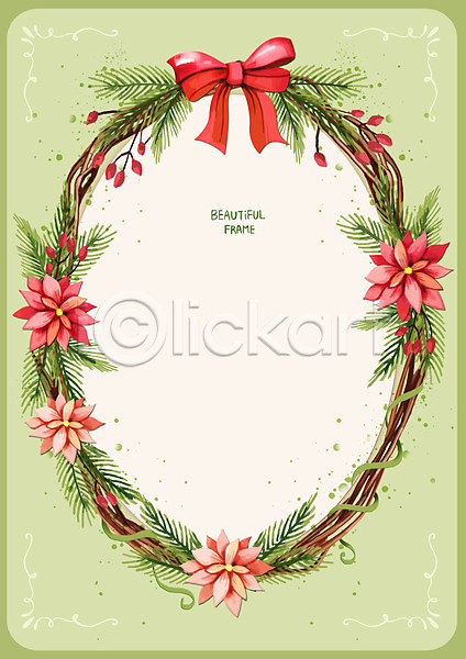 사람없음 PSD 일러스트 나뭇가지 리본 백그라운드 솔잎 연두색 열매 크리스마스 포인세티아 프레임