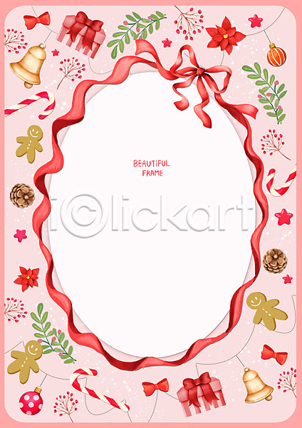 사람없음 PSD 일러스트 꽃 나뭇잎 리본 백그라운드 분홍색 선물상자 장식볼 종 진저맨 크리스마스 프레임