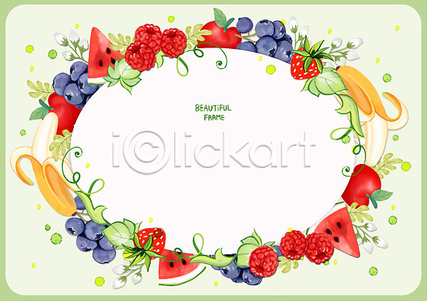 사람없음 PSD 일러스트 꽃 바나나 백그라운드 블루베리 사과 수박 연두색 잎 제철과일 프레임