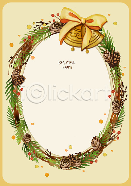 사람없음 PSD 일러스트 나뭇가지 노란색 리본 백그라운드 솔방울 솔잎 열매 종 크리스마스 프레임