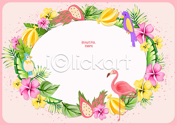 사람없음 PSD 일러스트 꽃 바나나 백그라운드 분홍색 여름(계절) 용과 조류 트로피컬아트 프레임 플라밍고