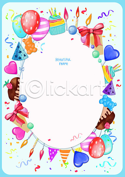 사람없음 PSD 일러스트 고깔(모자) 리본 백그라운드 사탕 생일 선물상자 젤리 촛불 컵케이크 케이크 파란색 풍선 프레임 하트