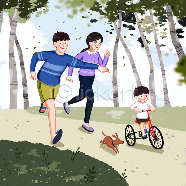 행복 남자 성인 세명 소년 어린이 여자 PSD 일러스트 가족 가족라이프 강아지 공원 나무 달리기 반려 아빠 앉기 엄마 자전거 잔디 전신 한마리