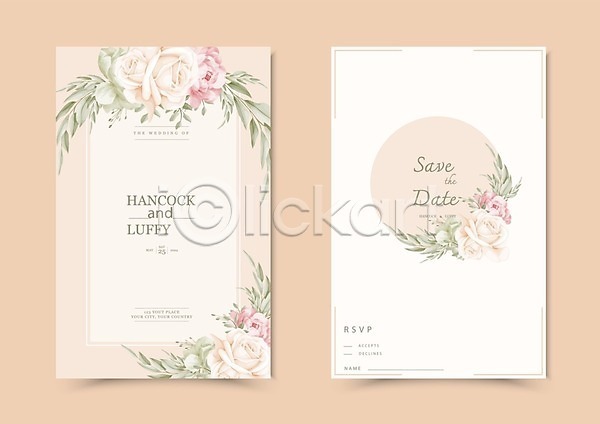 축하 사람없음 EPS 일러스트 카드템플릿 템플릿 해외이미지 결혼 결혼식 꽃 꽃무늬 디자인 분홍색 수채화(물감) 잎 장미 청첩장 초대