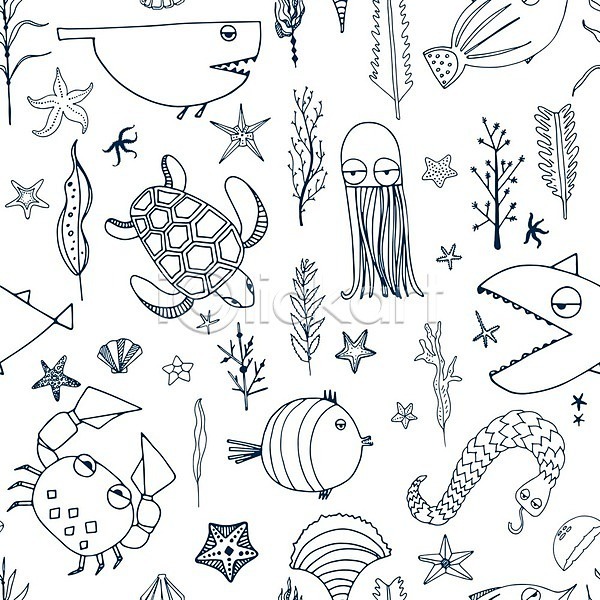 사람없음 EPS 라인일러스트 일러스트 해외이미지 거북이 그림 디자인 만화 문어 바다 백그라운드 별 불가사리 산호 상어 스케치 야생동물 조개 패턴 해외202004 해조류 흰색