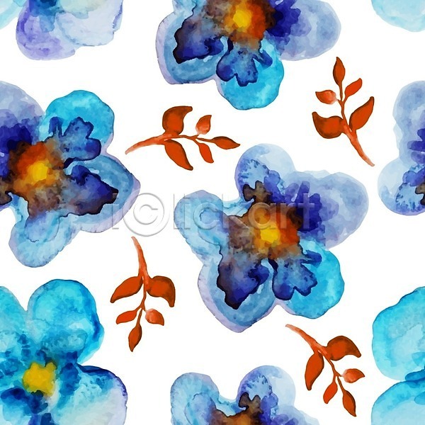 사람없음 EPS 일러스트 해외이미지 꽃 꽃무늬 백그라운드 수채화(물감) 잎 파란색 패턴 해외202004
