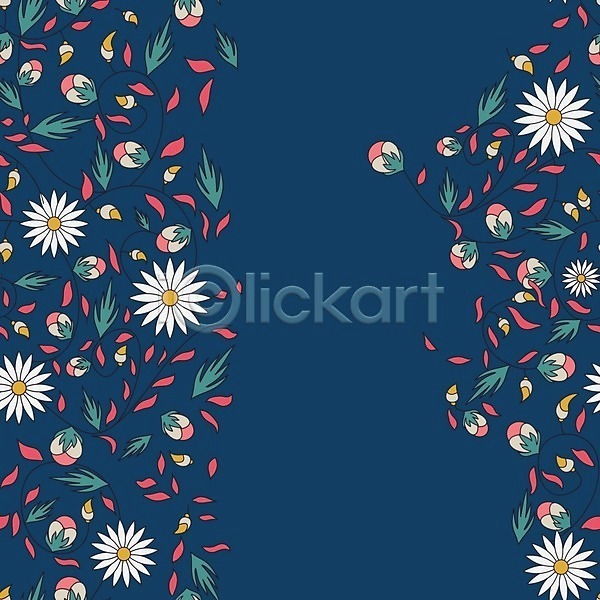 화려 사람없음 EPS 일러스트 해외이미지 그림 꽃 꽃무늬 꽃잎 노란색 데이지 디자인 백그라운드 분홍색 스타일 오브젝트 잎 초록색 파란색 패턴 해외202004 흰색