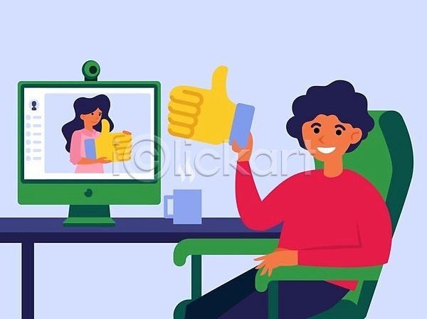 행복 남자 두명 성인 성인만 여자 EPS 일러스트 해외이미지 긍정 들기 머그컵 모니터 미소(표정) 상반신 소셜네트워크 앉기 의자 컴퓨터 팻말 화상통화