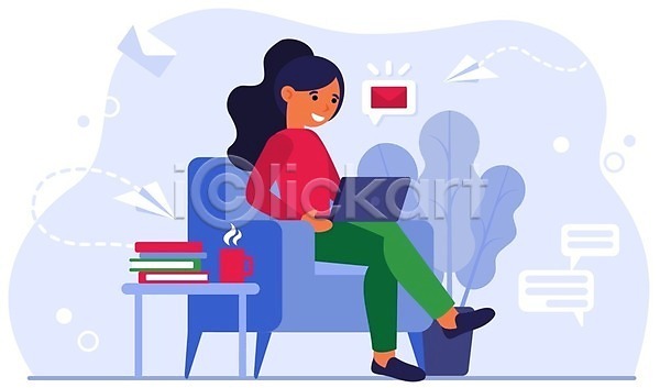 성인 성인여자한명만 여자 한명 EPS 일러스트 해외이미지 노트북 다리꼬기 라이프스타일 머그컵 미소(표정) 비즈니스 비즈니스우먼 식물 앉기 의자 전신 커피 프리랜서