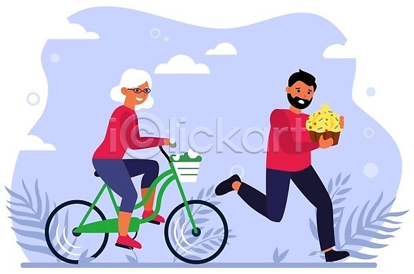남자 노년 두명 성인 여자 EPS 일러스트 해외이미지 달리기 들기 승차 자전거 전신 컵케이크