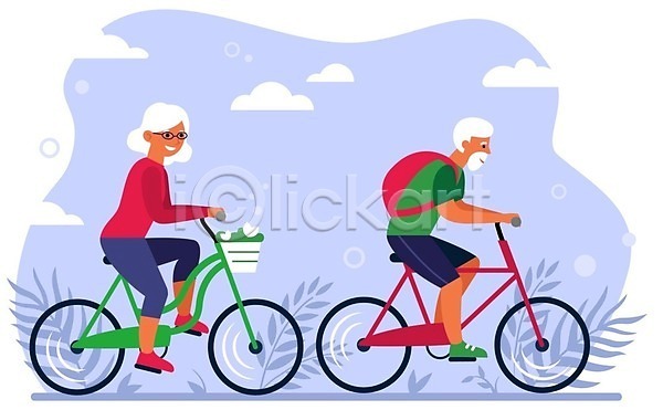 함께함 남자 노년 노인만 두명 여자 EPS 일러스트 해외이미지 공원 남편 노부부 라이프스타일 승차 실버라이프 아내 자전거 전신 할머니 할아버지