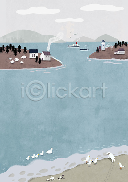 사람없음 PSD 일러스트 갈매기 개 겨울 구름(자연) 나무 등대 바다 보트 섬 양 여러마리 오리 조류 주택 풍경(경치) 하늘색