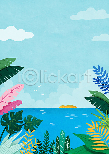 사람없음 PSD 일러스트 구름(자연) 바다 섬 식물 열대식물 잎 풍경(경치) 하늘 하늘색