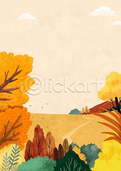 사람없음 PSD 일러스트 가을(계절) 구름(자연) 나무 낙엽 노란색 단풍 언덕 초원(자연) 풍경(경치)