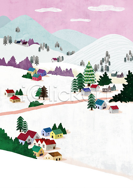 사람없음 PSD 일러스트 겨울 구름(자연) 나무 눈(날씨) 마을 산 주택 크리스마스트리 풍경(경치)