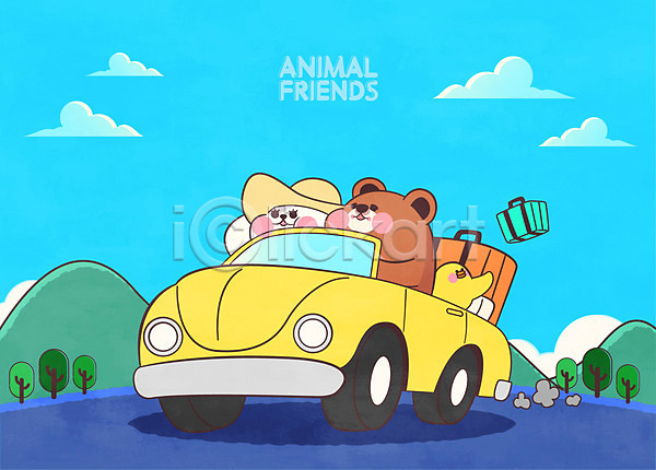 사람없음 AI(파일형식) 일러스트 고양이 곰 구름(자연) 나무 병아리 산 세마리 애니멀아트 여행 여행가방 자동차 하늘색