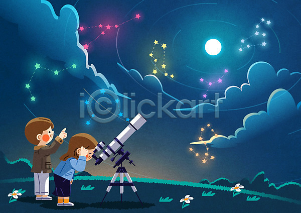 남자 두명 성인 성인만 여자 AI(파일형식) 일러스트 가리킴 관측 구름(자연) 달 망원경 별 별자리 서기 전신 천체망원경 커플 파란색