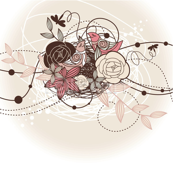 사람없음 EPS 일러스트 해외이미지 꽃 꽃무늬 둥지 백그라운드 분홍색 여러마리 잎 잠자리 조류 해외202004 해외202105
