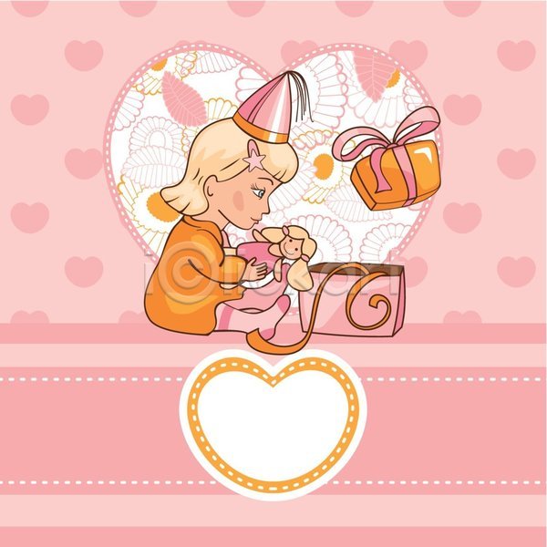 소녀(어린이) 소녀한명만 어린이 여자 한명 EPS 일러스트 해외이미지 고깔(모자) 들기 분홍색 생일선물 생일축하 선물상자 앉기 오픈 인형 전신 카드(감사) 하트 해외202004 해외202105