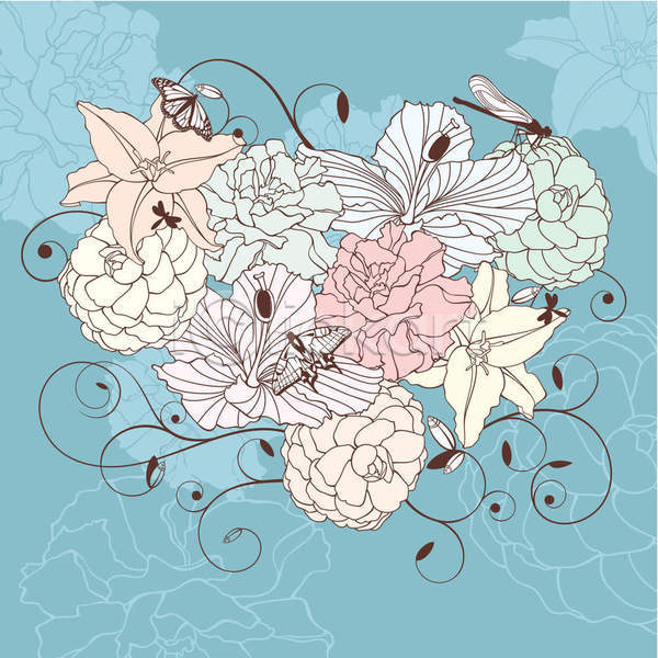 사람없음 EPS 일러스트 해외이미지 꽃 꽃무늬 나비 백그라운드 여러마리 잎 잠자리 하늘색 해외202004 해외202105