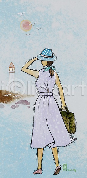 사람 여자 여자만 여자한명만 한명 JPG 뒷모습 일러스트 가방 갈매기 동물 등대 모자(잡화) 바다 백그라운드 시화 여행 조류 해변
