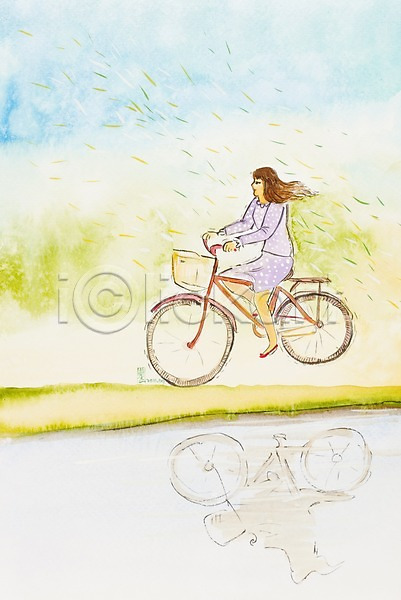 사람 여자 여자만 여자한명만 한명 JPG 일러스트 강 길 물가(풍경) 반사 백그라운드 시화 자전거 호수