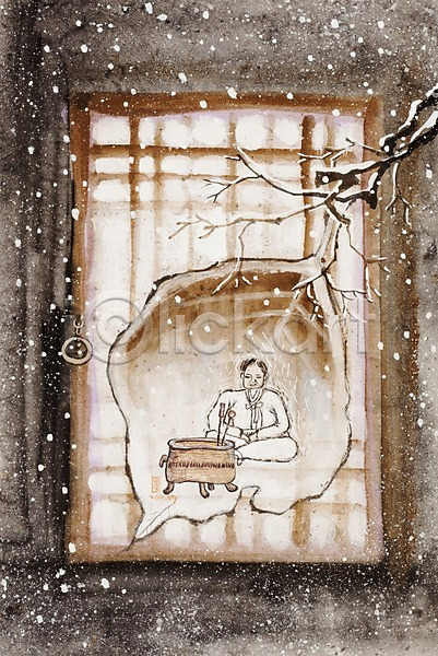 남자 남자만 남자한명만 사람 한명 JPG 일러스트 겨울 겨울배경 계절 나뭇가지 눈(날씨) 눈내림 문 백그라운드 시화 식물 자연 창문 화로