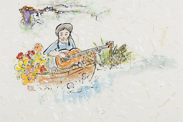 사람 여자 여자만 여자한명만 한명 JPG 일러스트 강 기타 꽃 나뭇가지 배(교통) 백그라운드 시화 식물 악기 연주 현악기 호수