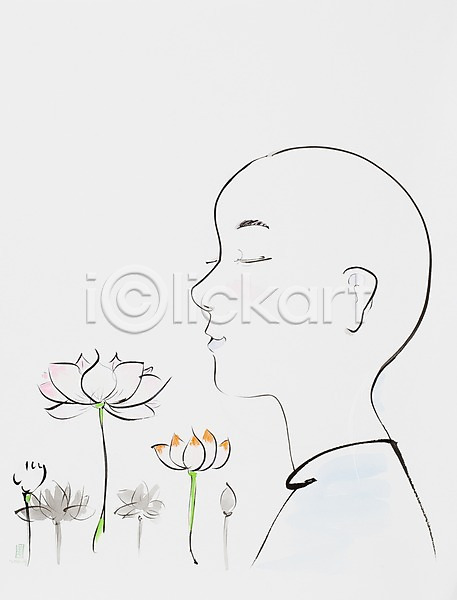 사람 한명 JPG 일러스트 꽃 백그라운드 불교 수묵화 승려 시화 식물 연꽃(꽃) 종교
