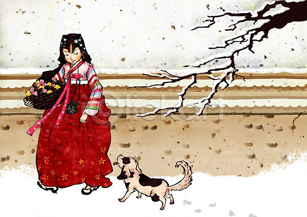 사람 여자 여자만 여자한명만 한명 PSD 일러스트 강아지 개 겨울 광주리 나무 나뭇가지 눈(날씨) 담장 동물 떡 미소(표정) 반려동물 서기 웃음 음식 전신 전통 전통의상 한국문화 한국전통 한마리 한복