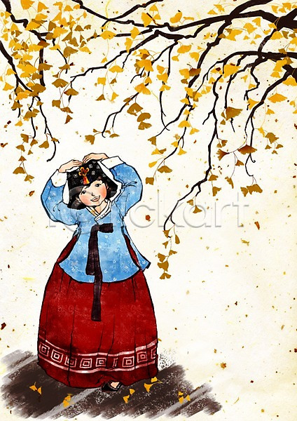 사랑 사람 여자 여자만 여자한명만 한명 PSD 일러스트 나무 낙엽 단풍 단풍나무 미소(표정) 서기 손짓 웃음 은행나무 은행잎 인사 전신 전통 전통의상 하트 한국문화 한국전통 한복