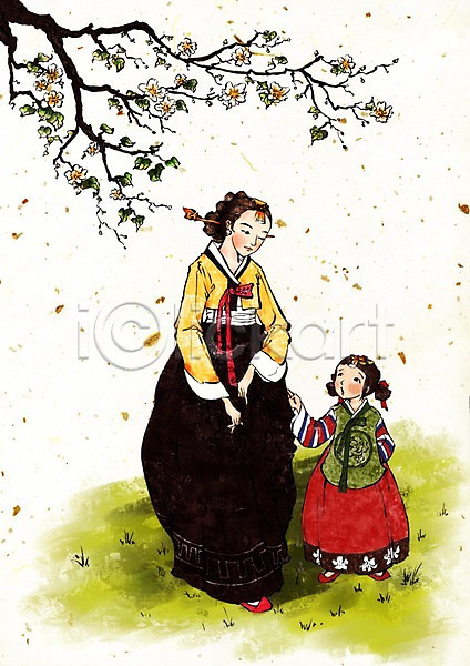 두명 사람 소녀(어린이) 어린이 여자 여자만 PSD 일러스트 꽃나무 나무 딸 모녀 서기 엄마 전신 전통 전통의상 한국문화 한국전통 한복