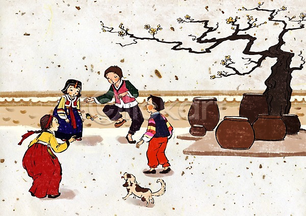 사람 소녀(어린이) 소년 어린이 어린이만 여러명 PSD 일러스트 강아지 개 꽃나무 나무 놀이 동물 반려동물 전통 전통놀이 전통의상 제기(놀이) 제기차기 한국문화 한국전통 한마리 한복 항아리