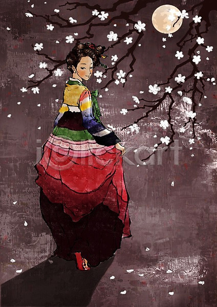 사람 여자 여자만 여자한명만 한명 PSD 일러스트 그림자 꽃나무 나무 달 미소(표정) 보름달 서기 웃음 전신 전통 전통의상 한국문화 한국전통 한복
