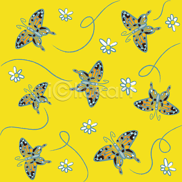 사람없음 EPS 일러스트 곤충 꽃 꽃잎 나비 노란색 무늬 문양 백그라운드 식물 여러마리 패턴
