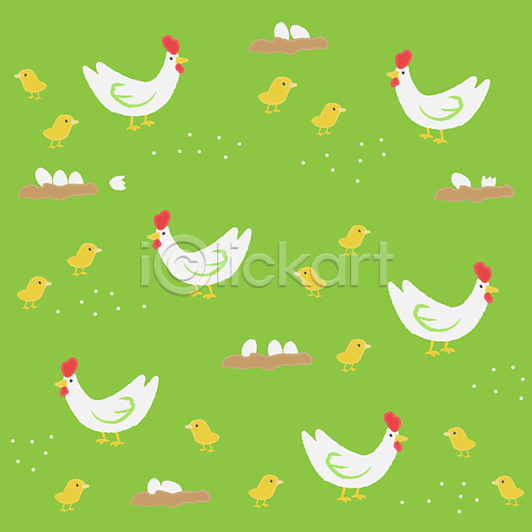 사람없음 EPS 일러스트 계란 닭 동물 모이 무늬 문양 백그라운드 병아리 알 여러마리 초록색 패턴