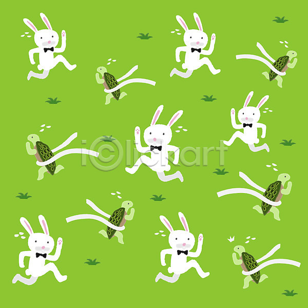 사람없음 EPS 일러스트 거북이 결승선 달리기 동물 땀 무늬 문양 백그라운드 여러마리 초록색 토끼 토끼와거북이 패턴