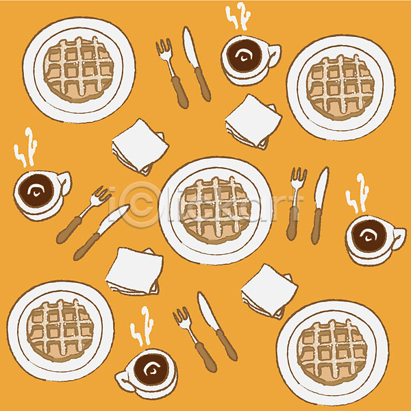 사람없음 EPS 일러스트 나이프 디저트 무늬 문양 백그라운드 브런치 와플 음식 잔 접시 차(음료) 커피 패턴 포크 화장지