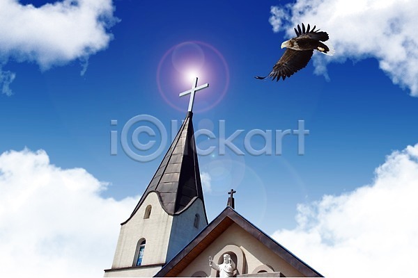 사람없음 PSD 편집이미지 건물 교회 구름(자연) 기독교 독수리 동물 시계 시계탑 십자가 조류 종교 편집 하늘 한마리