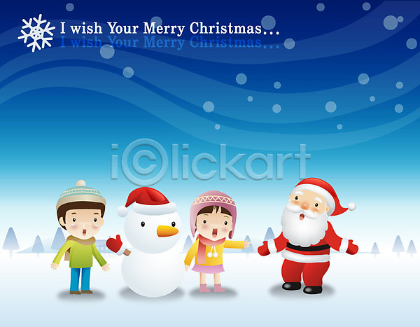 남자 노년 사람 성인 세명 소녀(어린이) 소년 어린이 여자 EPS 일러스트 겨울 기념일 눈(날씨) 눈사람 모자(잡화) 산타클로스 설원 인사 크리스마스 할아버지