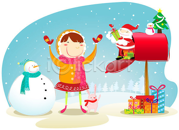 기쁨 남자 노년 두명 사람 성인 소녀(어린이) 어린이 EPS 일러스트 기념일 나무 눈(날씨) 눈사람 동물 배송 산타클로스 선물 선물상자 우체통 인사 전달 크리스마스 크리스마스트리 토끼 할아버지