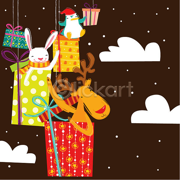 사람없음 한명 EPS 일러스트 구름(자연) 기념일 눈(날씨) 동물 루돌프 비행 사슴 상자 선물 선물상자 줄 크리스마스 토끼 펭귄