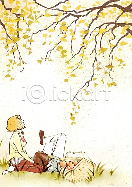 다정 사랑 함께함 휴식 남자 두명 사람 여자 PSD 일러스트 가을(계절) 과일 나무 나뭇가지 눕기 데이트 미소(표정) 바구니 사과(과일) 소풍 앉기 웃음 은행나무 잔디 전신 커플 하트